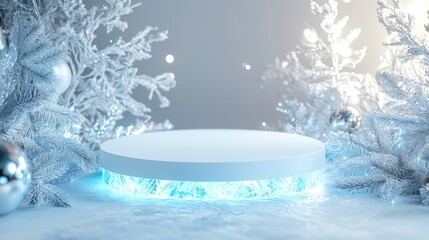 A serene winter scene featuring a circular display platform surrounded by frosty decorations and shimmering lights.