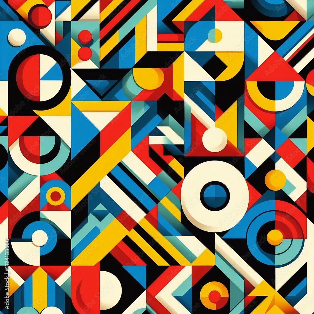 Fototapete a vibrant geometric pattern featuring a variety of shapes such as triangles, circles, and squares. t