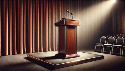 A sleek, modern podium made of polished wood, standing on a stage with a spotlight shining down on it. The background is a deep, rich curtain, adding a sense of importance and formality to the scene.