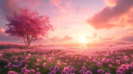 A stunning sunset over a floral field, featuring vibrant pink blossoms and a lone tree.