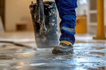 Worker spraying floor with a machine, close-up of foot and equipment. Shows floor preparation, ideal for construction or renovation projects.