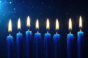 Eight blue candles burn brightly against a dark blue, sparkly background. Perfect for Hanukkah, holidays, or spiritual themes.