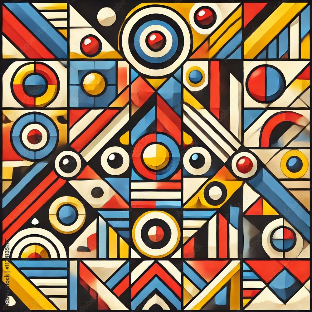 Fototapete a vibrant geometric pattern featuring a variety of shapes such as triangles, circles, and squares. t