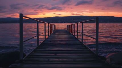 Obraz premium Scenic wooden pier at sunset over tranquil waters.