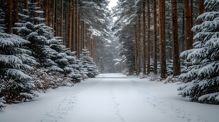 Naklejka premium Snow-covered path through a pine forest on a snowy day.