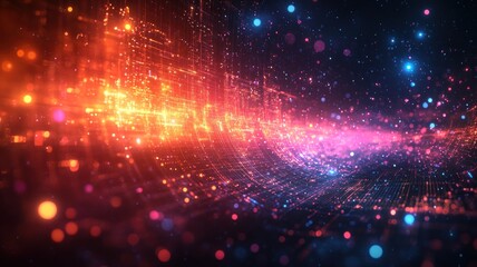 Fototapeta premium Abstract digital landscape with vibrant colors and glowing particles.