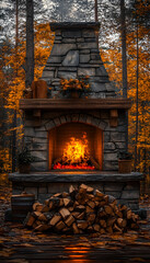 Stone fireplace with burning fire in autumn forest.
