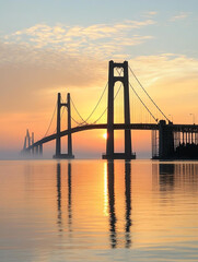 Obraz premium A stunning sunset view of a majestic bridge reflected on calm waters, showcasing nature's beauty and engineering.
