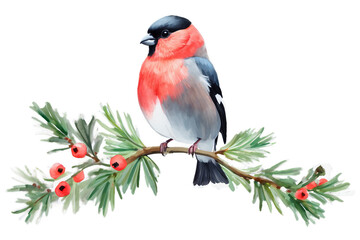 Winter bird watercolor isolated. Bullfinch, pine cone, holly and fir branch, Generative AI