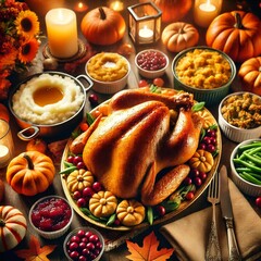 A beautifully set Thanksgiving table with a golden roasted turkey as the centerpiece, surrounded by an array of delicious side dishes like mashed potatoes, stuffing, cranberry sauce, and green bean.