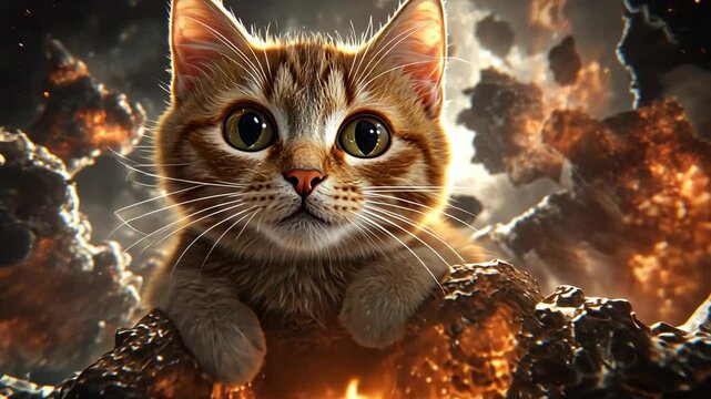 Adorable Cat in a Cosmic Nebula Surrounded by Fiery Asteroids and Galactic Wonders