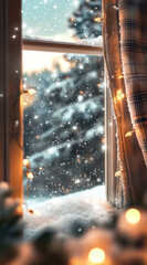 A cozy window scene with snow gently falling outside, soft flakes landing on the glass, creating a frosted texture. Snowy landscapes and evergreen trees covered in white are visible in the view