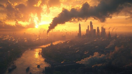 Fototapeta premium Dramatic sunset over an industrial city with smoke pollution and river.