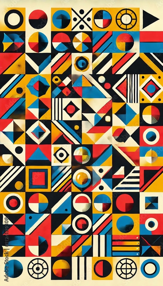Fototapete a vibrant geometric pattern featuring a variety of shapes such as triangles, circles, and squares. t