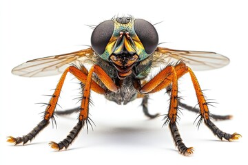 Macro photo of a robber fly isolated on white