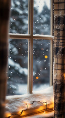 Naklejka premium A cozy window scene with snow gently falling outside, soft flakes landing on the glass, creating a frosted texture. Snowy landscapes and evergreen trees covered in white are visible in the view