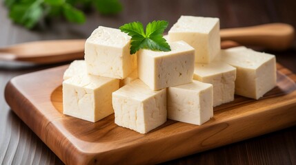 Beautiful Picture of Tofu Cubes on a Wooden Cutting Board