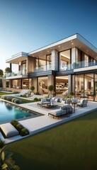 Obraz premium A modern, luxurious real estate property with a spacious, open floor plan. The exterior features large windows, a well-manicured lawn, and a sleek, contemporary design.