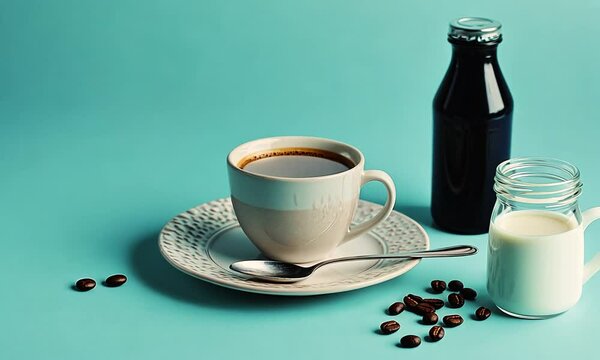 Coffee cup with milk, coffee beans, and dark syrup bottle on a teal background. - Powered by Adobe