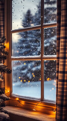 A cozy window scene with snow gently falling outside, soft flakes landing on the glass, creating a...