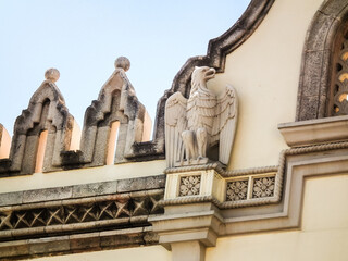 The decorative top of the Rhodes National Theater building in Rhodes city on the island of Rhodes in Greece