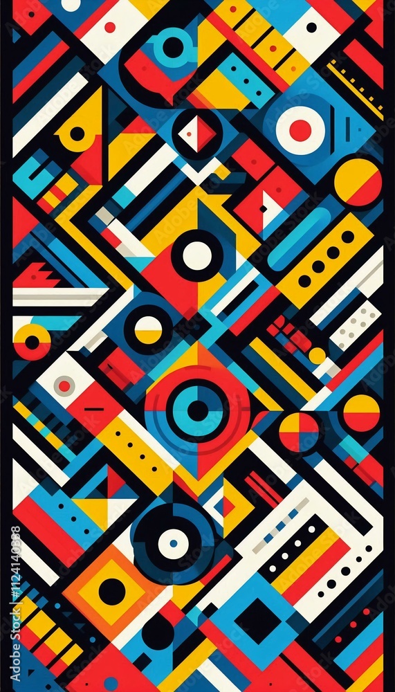 Fototapete a vibrant geometric pattern featuring a variety of shapes such as triangles, circles, and squares. t