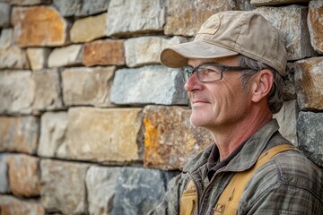 Mature man wearing glasses and cap leans against stone wall. Image ideal for construction, craftsmanship, or outdoor themes.