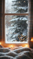 A cozy window scene with snow gently falling outside, soft flakes landing on the glass, creating a frosted texture. In the view, you can see a snowy landscape with white evergreen trees