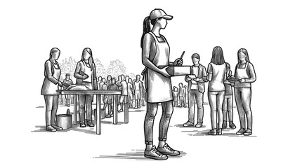 A woman volunteering at a community event, line sketch engraving. black and white.