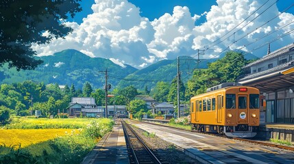 Obraz premium A serene golden train at a tranquil station surrounded by lush greenery and mountains.