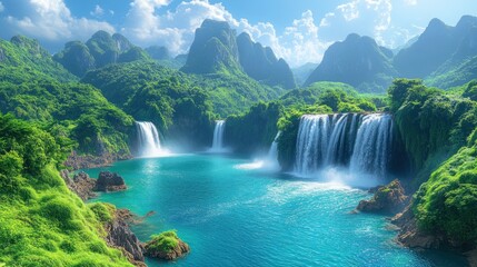 Naklejka premium Lush green mountains surrounding a serene turquoise lake with multiple cascading waterfalls.