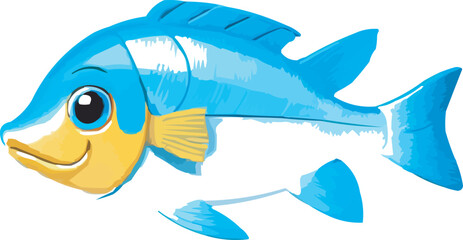 The fish is a vibrant blue with a bright yellow head and a white stripe running along its body.