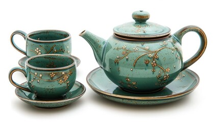 A beautiful green tea set with a traditional, antique design and a few delicate tea cups, isolated on a white background
