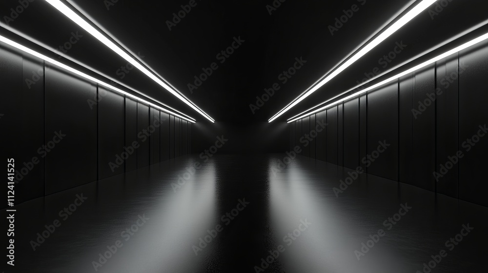 Wall mural high-quality 3d abstract rendering of dark lines and light accents in an empty black studio room wit