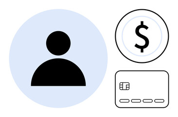 User profile icon, credit card with chip, and dollar sign circled. Ideal for online payments, financial identity, banking, e-commerce, secure transactions digital wallets and payment systems. Line
