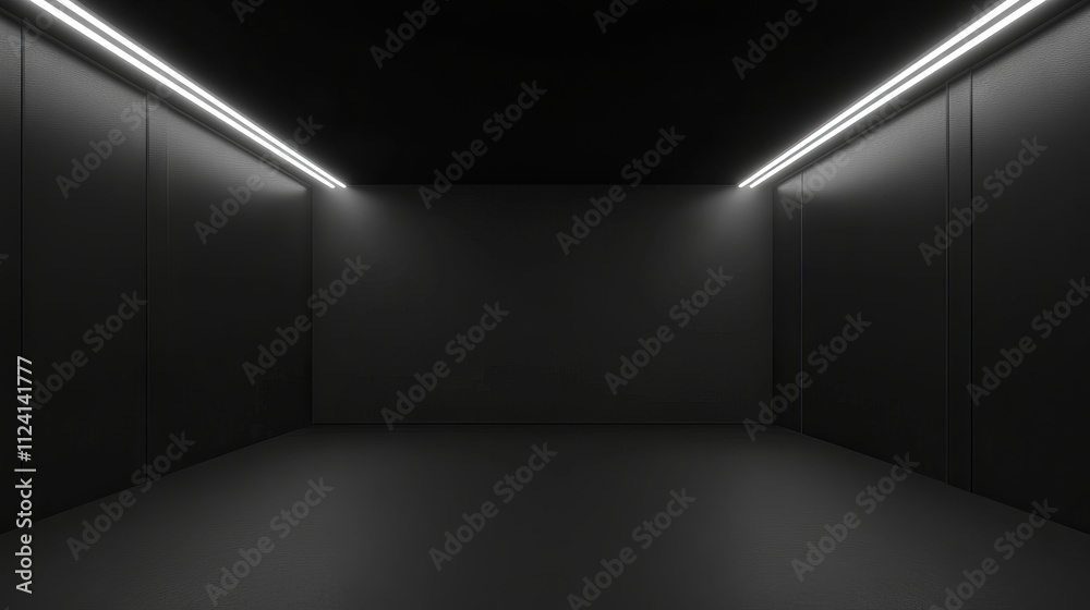 Wall mural high-quality 3d abstract rendering of dark lines and light accents in an empty black studio room wit