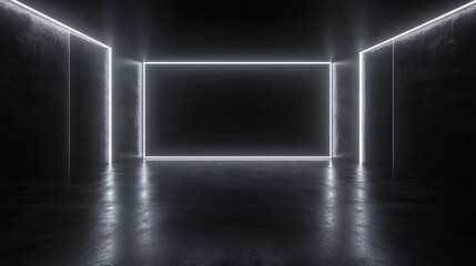 High-quality 3d abstract rendering of dark lines and light accents in an empty black studio room with minimalist design and dark background