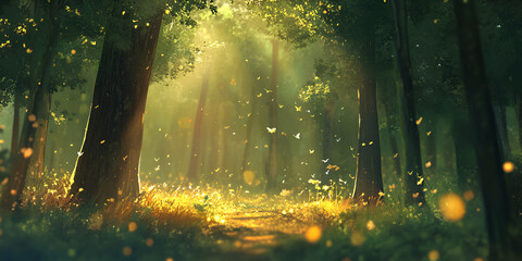 Naklejka premium Golden Sunlight Streaming Through Magical Forest with Sparkling Dust Category: Landscapes