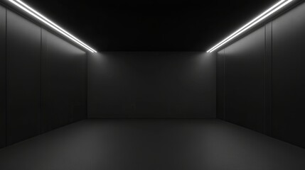 High-quality 3d abstract rendering of dark lines and light accents in an empty black studio room with minimalist design and dark background