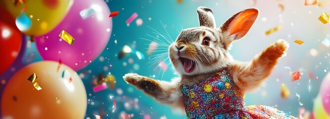 Naklejka premium A fluffy bunny wearing a New Year is Eve dress, jumping with joy against a background full of balloons and streamers, large blank space