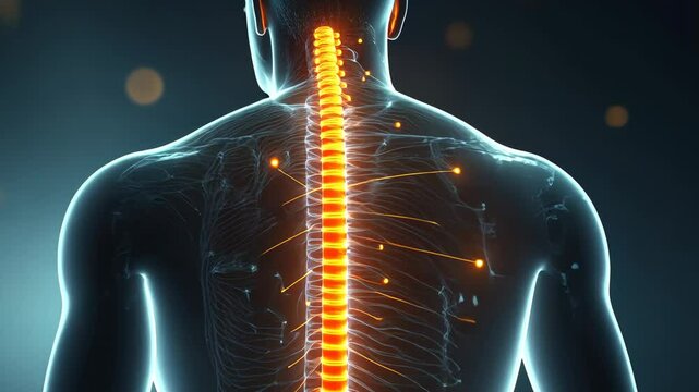 Human Spine Visualization with Neon Glow and Digital Effects in a Dark Background