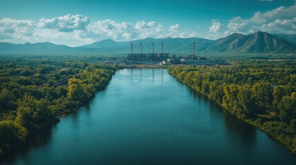 Fototapeta premium Aerial view of power plant beside a river and mountains.