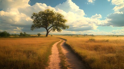 A serene dirt path curves through a golden field with a lone tree under a blue sky.