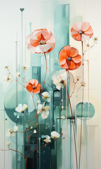 Abstract floral art with on turquoise background in modern art style.