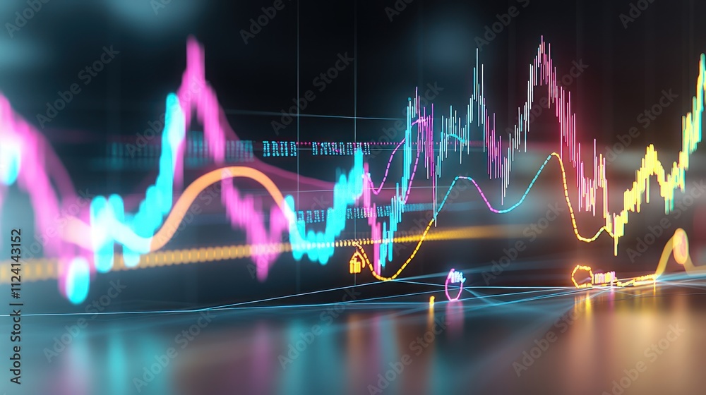 Poster colorful financial data visualization with dynamic graphs.
