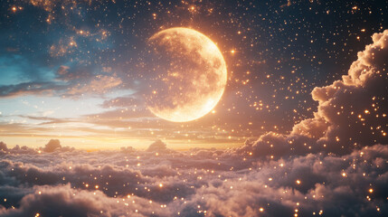 A celestial wonderland scene with floating clouds