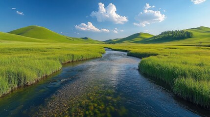 Fototapeta premium Serene stream meandering through lush green valley under a vibrant blue sky.
