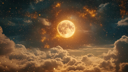 A celestial wonderland scene with floating clouds