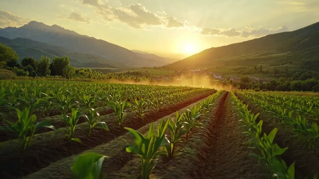 Serene Sunset Over Agricultural Field with Lush Corn Rows in Mountainous Landscape
