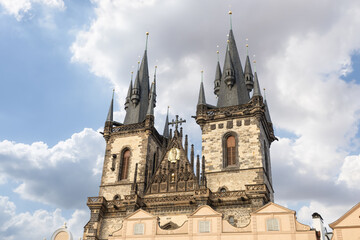 Fototapeta premium The top of the Church of Our Lady before Tyn on Old Town Square in Prague in Czech Republic